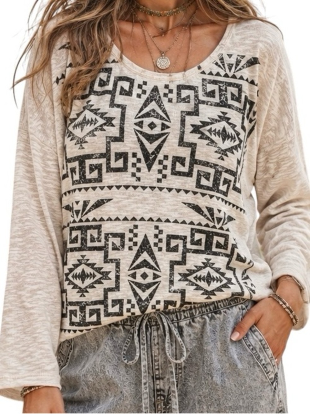 Charlotte Russe Southwestern Aztec Open Back Boho Sweater Cream Black L